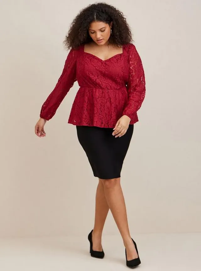 TORRID Stretch Lace Cinched Elbow Sleeve Peplum Top