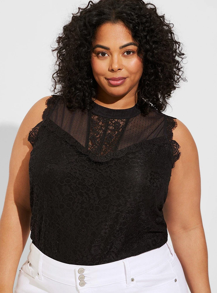 Lace Mixed Crew Neck Short Sleeve Top