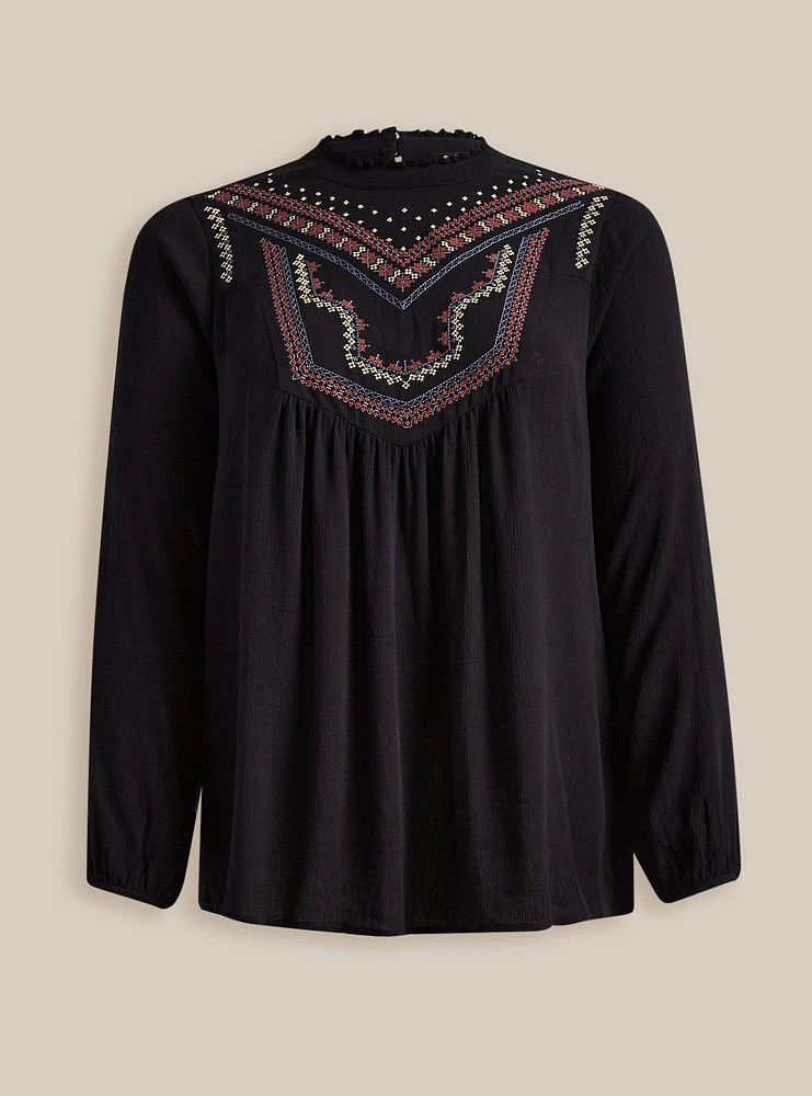 Washable Crinkle Gauze Relaxed Embroidered Blouse