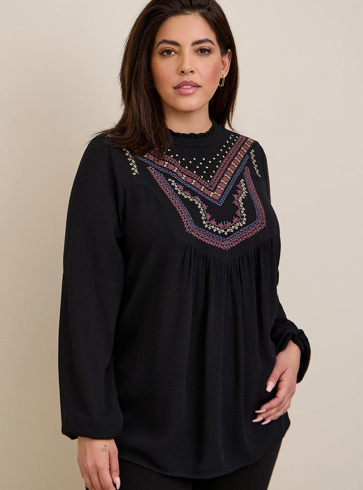 Washable Crinkle Gauze Relaxed Embroidered Blouse