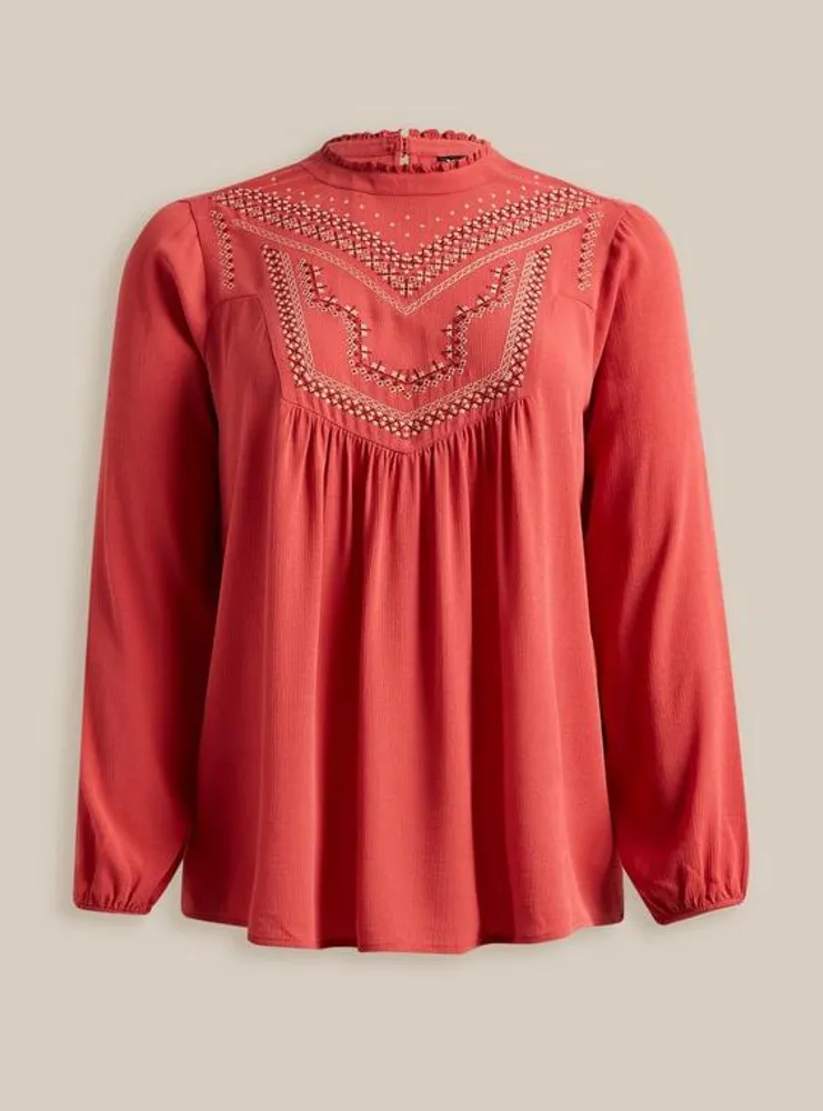 Washable Crinkle Gauze Relaxed Embroidered Blouse