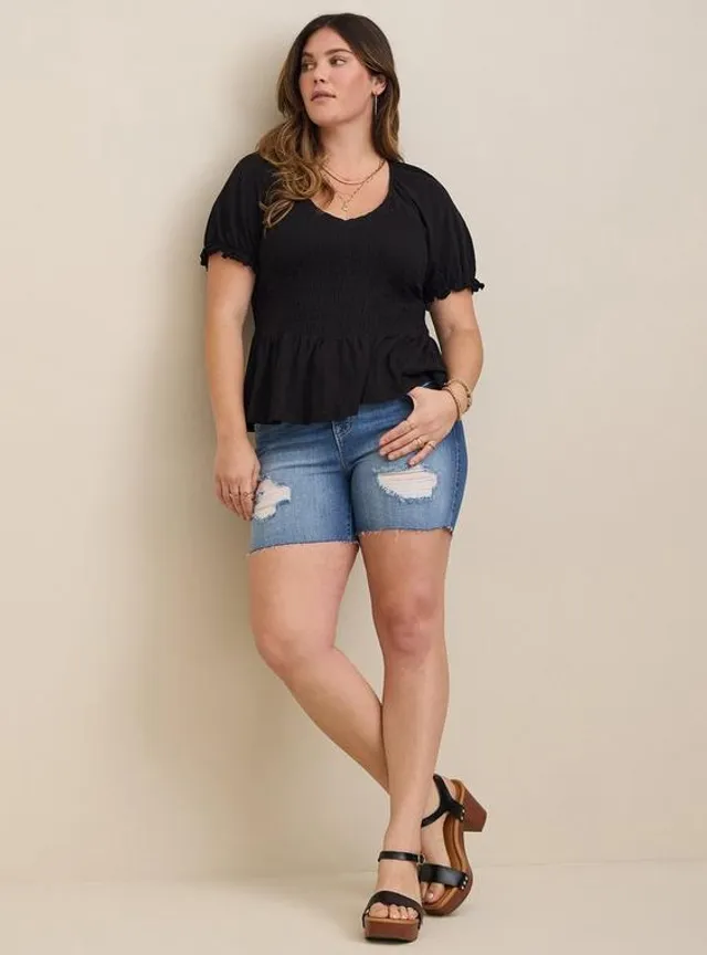 Plus Size - Embroidered Square Neck Flutter Short Sleeve Top - Torrid