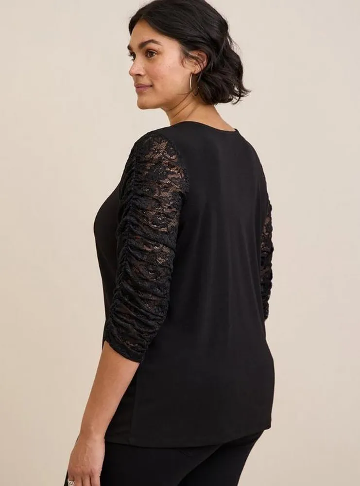 Studio Crepe V-Neck Ruched Lace Sleeve Top