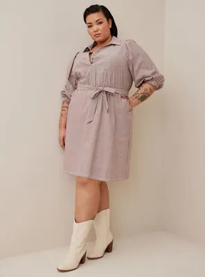 Mini Cotton Poly Blouson Sleeve Shirt Dress