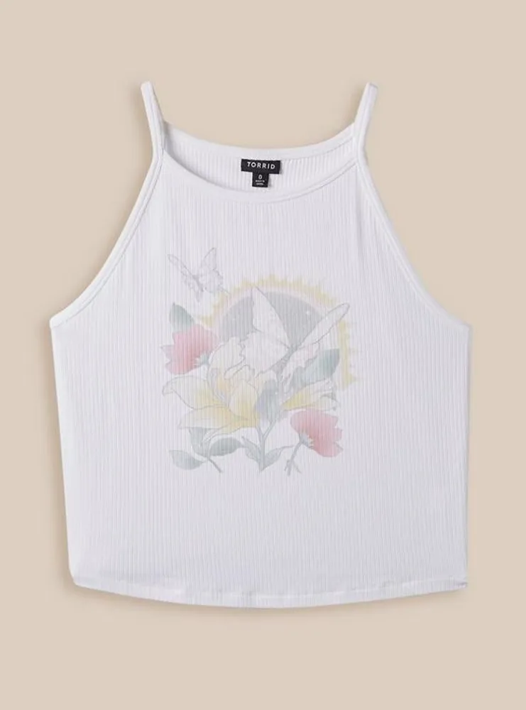Floral Butterfly Everyday Rib Goddess Neck Crop Tee