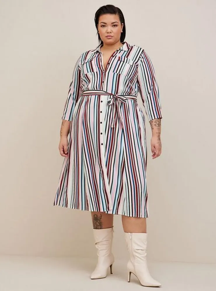 Midi Stretch Challis Button Front Shirt Dress Multi Stripe