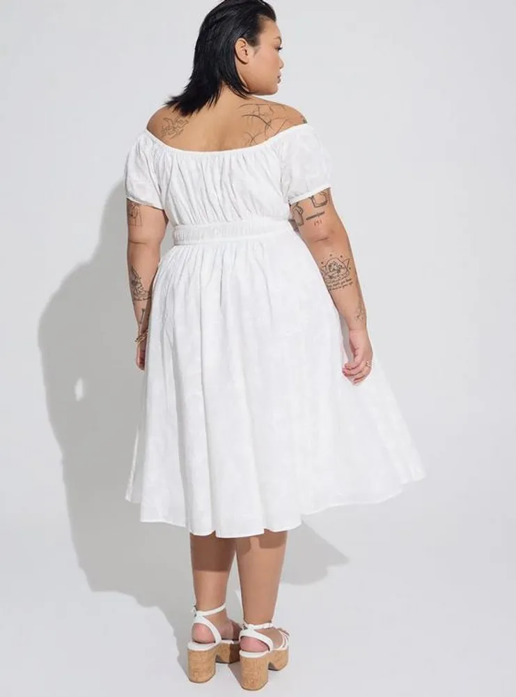 Midi Embroidered Voile Off Shoulder Dress