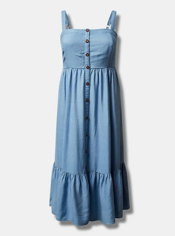 Tea Length Chambray Button Front Dress