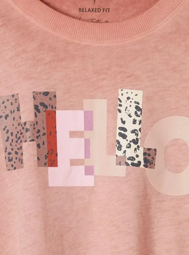 Hello Relaxed Fit Signature Jersey Crew Neck Roll Sleeve Crop Tee