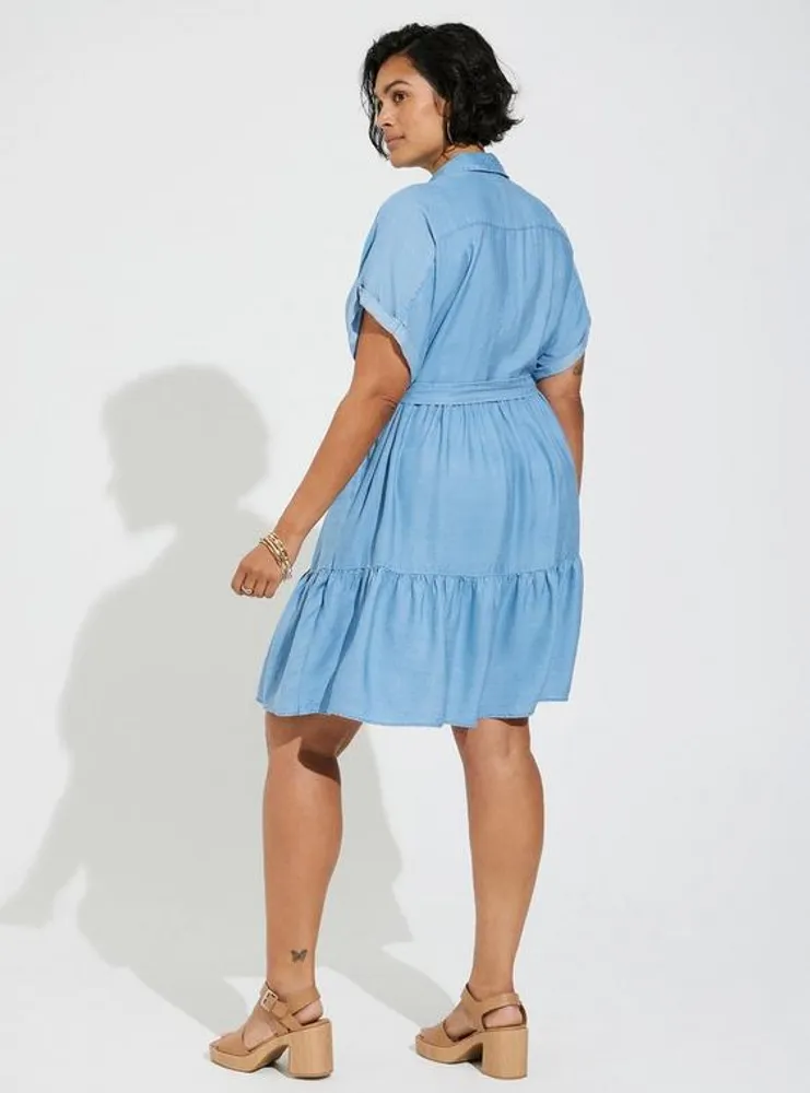 Mini Chambray Zip Tiered Shirt Dress