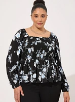 Rayon Slub Smocked Bodice Long Sleeve Crop Blouse