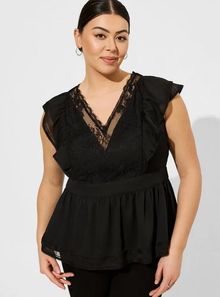 Crinkle Chiffon Peplum Lace Ruffle Sleeve Top