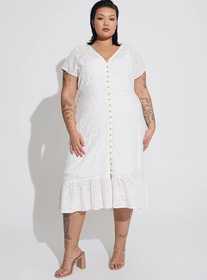 Midi Eyelet Hi Low Button Front Shirt Dress