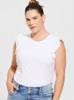 Eyelet Jersey Crew Neck Ruffle Top