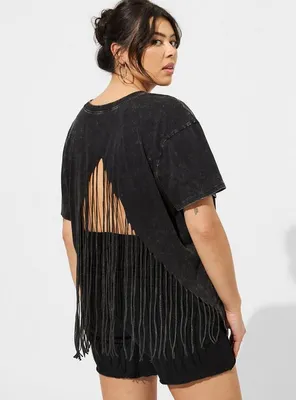 Vintage Cotton Jersey Crew Neck Fringe Back Relaxed Tee