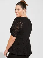 Stretch Lace Cinched Elbow Sleeve Peplum Top