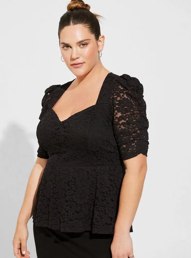 TORRID Stretch Lace Cinched Elbow Sleeve Peplum Top
