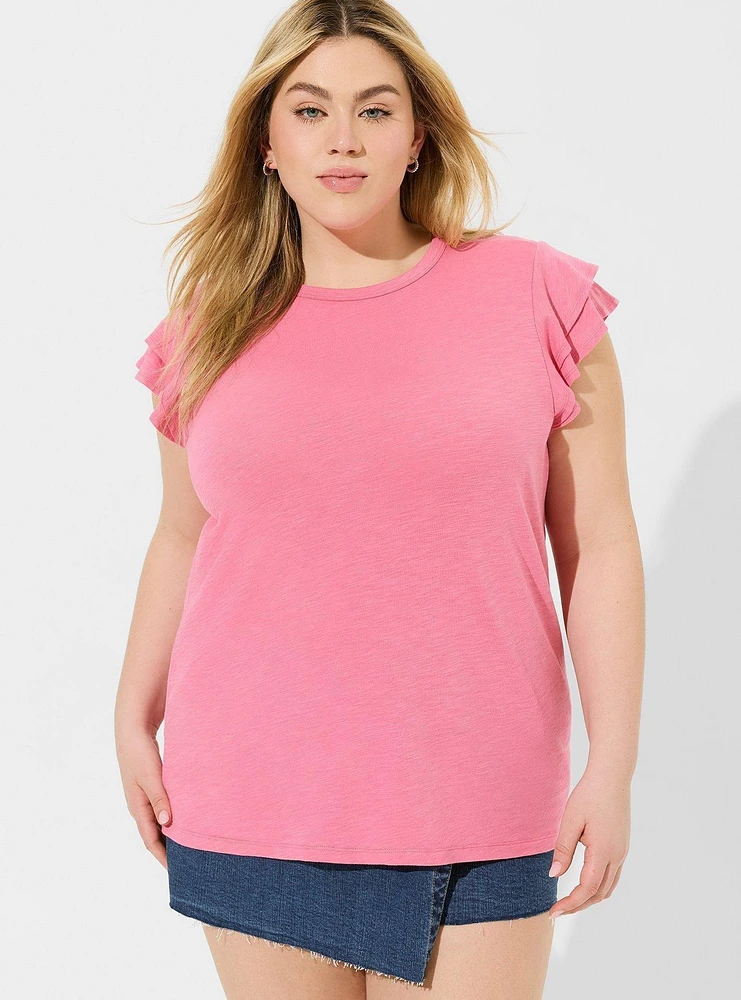 Super Soft Slub Crew Neck Double Ruffle Sleeve Tee