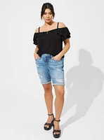 Super Soft Cold Shoulder Eyelet Ruffle Crop Top