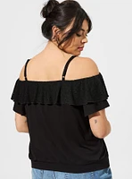 Super Soft Cold Shoulder Eyelet Ruffle Crop Top