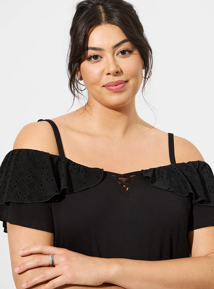 Super Soft Cold Shoulder Eyelet Ruffle Crop Top