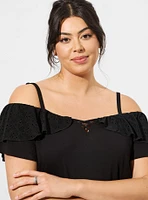 Super Soft Cold Shoulder Eyelet Ruffle Crop Top