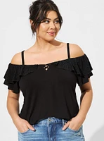 Super Soft Cold Shoulder Eyelet Ruffle Crop Top