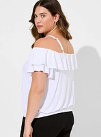 Super Soft Cold Shoulder Eyelet Ruffle Crop Top