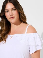 Super Soft Cold Shoulder Eyelet Ruffle Crop Top