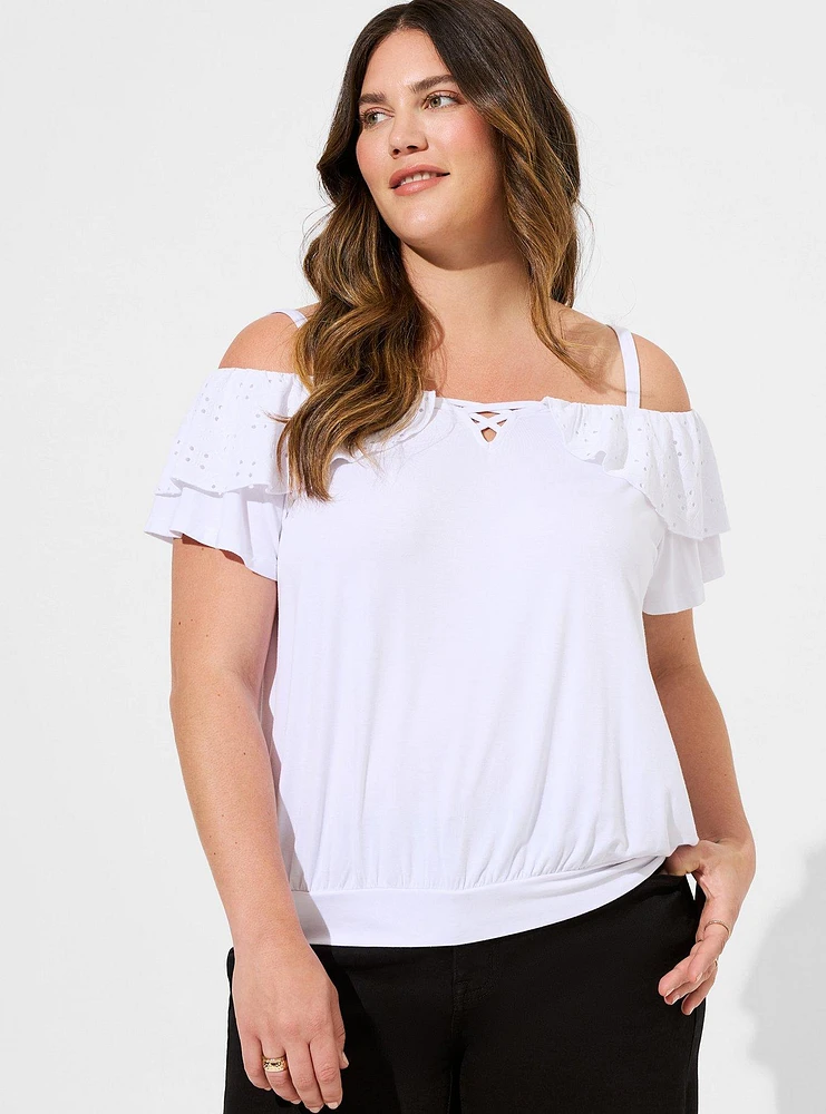 Super Soft Cold Shoulder Eyelet Ruffle Crop Top