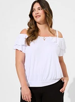 Super Soft Cold Shoulder Eyelet Ruffle Crop Top