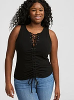 Fitted Super Soft Rib Lace Up Ruched Tie Front Crop Tank