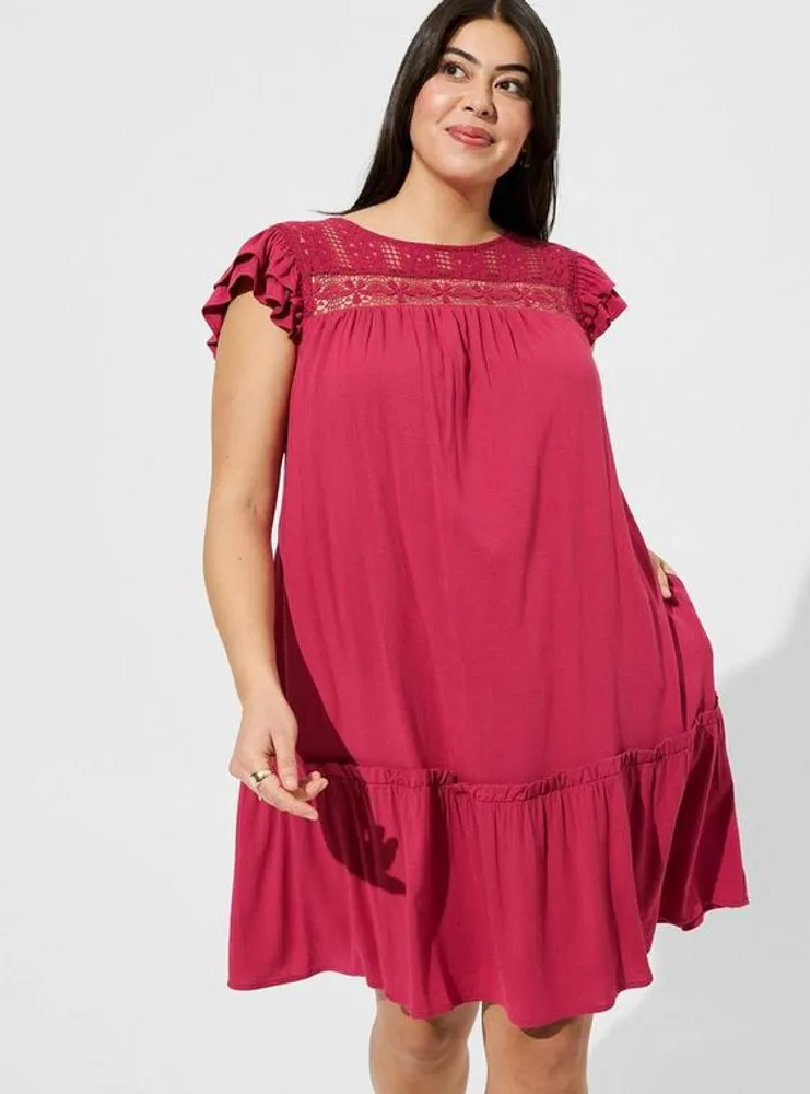 Mini Rayon Slub Crochet Yoke Shift Dress