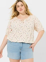 Washable Crinkle Gauze Blouson Short Sleeve Crop Top