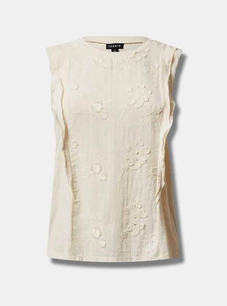 Cotton Slub Woven Embroidery Front Crew Neck Ruffle Sleeve Top