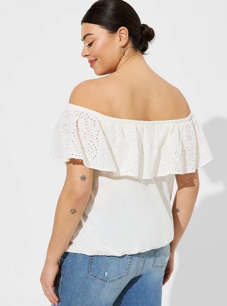 Vintage Cotton Jersey Off The Shoulder Eyelet Banded Bottom Top