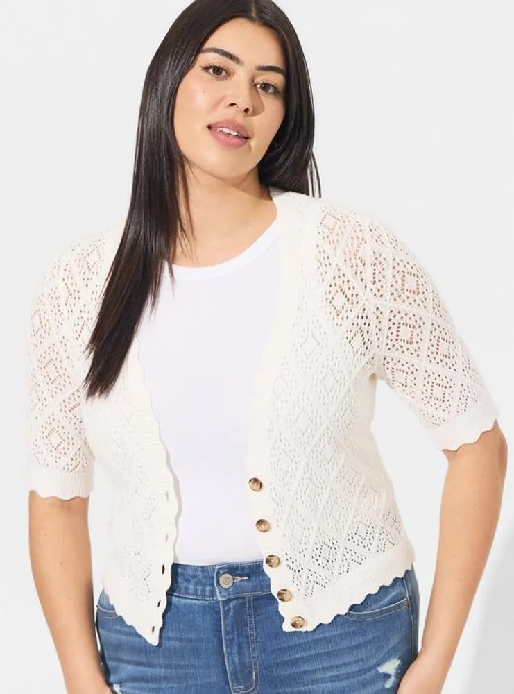 Pointelle Cardigan Button Front Cropped Sweater