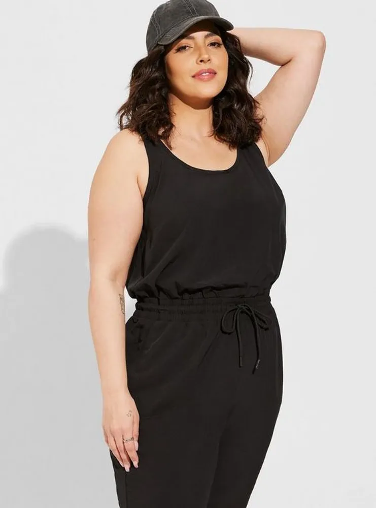 Stretch Woven Active Full Length Jumpsuit With Surplice Back