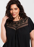 Washable Crinkle Gauze Flutter Sleeve Lace Mix Top