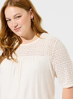 Super Soft Crew Neck Geo Lace Yoke Elbow Sleeve Top