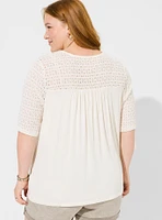 Super Soft Crew Neck Geo Lace Yoke Elbow Sleeve Top