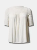 Super Soft Crew Neck Geo Lace Yoke Elbow Sleeve Top