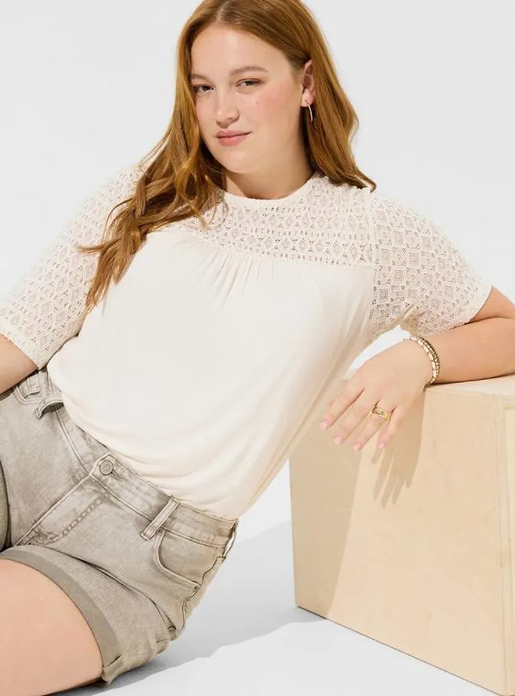 Super Soft Crew Neck Geo Lace Yoke Elbow Sleeve Top