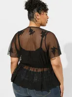 Embroidered Mesh Peplum Kimono