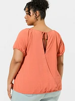 Seersucker Surplice Back Short Sleeve Crop Top