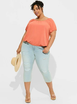 Seersucker Surplice Back Short Sleeve Crop Top