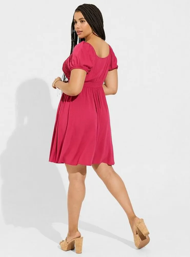 Mini Rayon Slub Balloon Sleeve Lace Inset Dress
