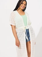 Crochet Duster Short Sleeve Tie Waist Sweater