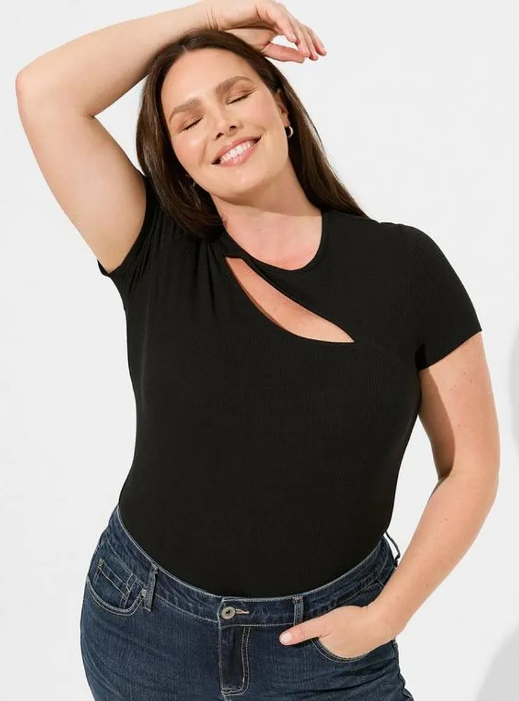 TORRID Fitted Super Soft Rib Crew Neck Asymmetrical Cut Out Tee