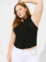 Fitted Super Soft Rib V-Neck Collared Button-Up Crop Tank